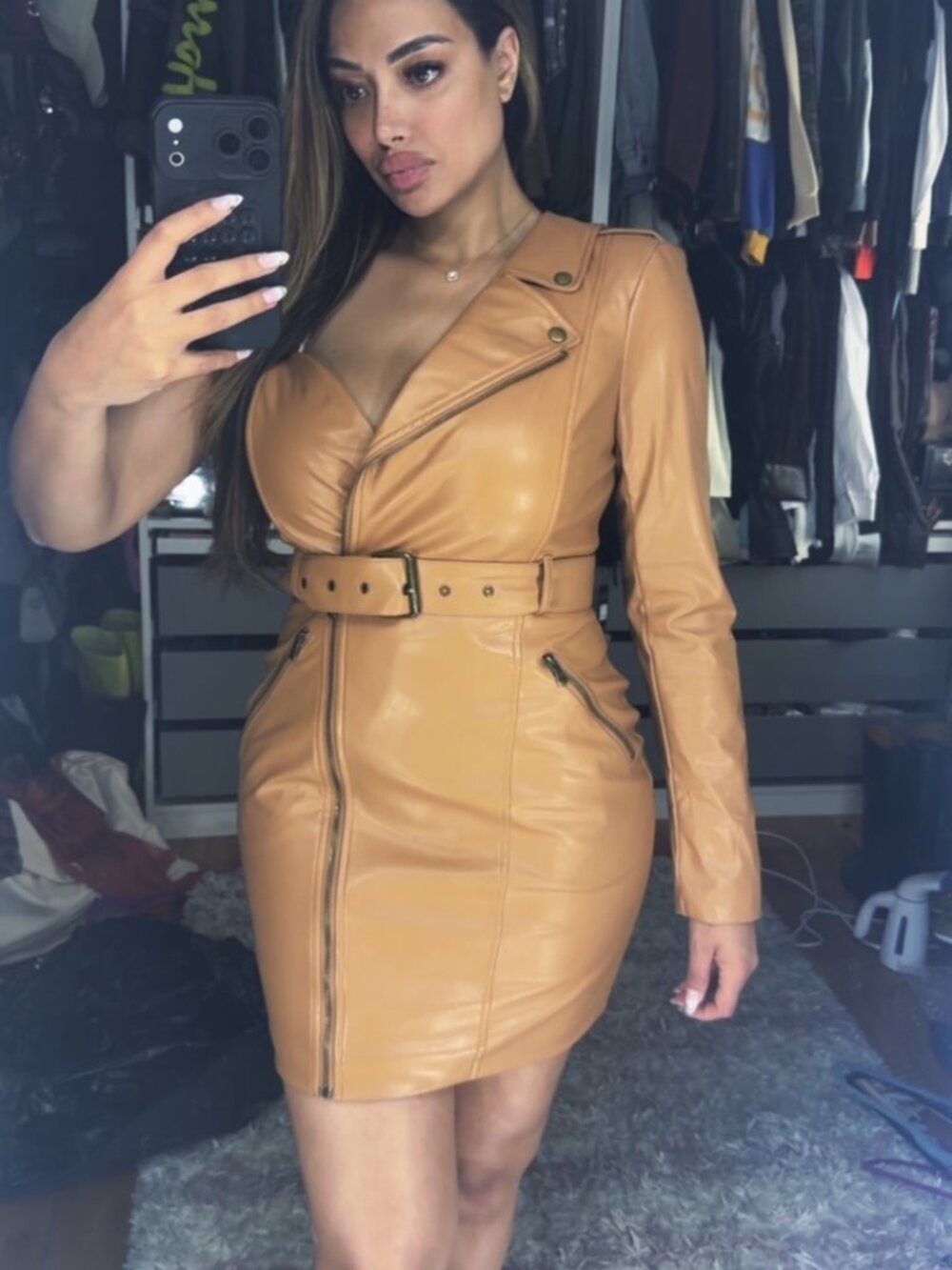 Fashion Nova Faux Leather Brown Dress M